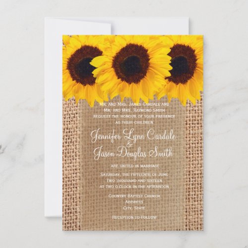 Country Sunflowers Burlap Print Wedding Invitation