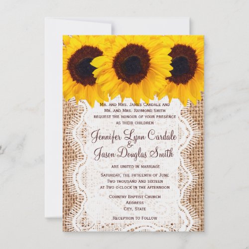 Country Sunflowers Burlap Print Wedding Invitation