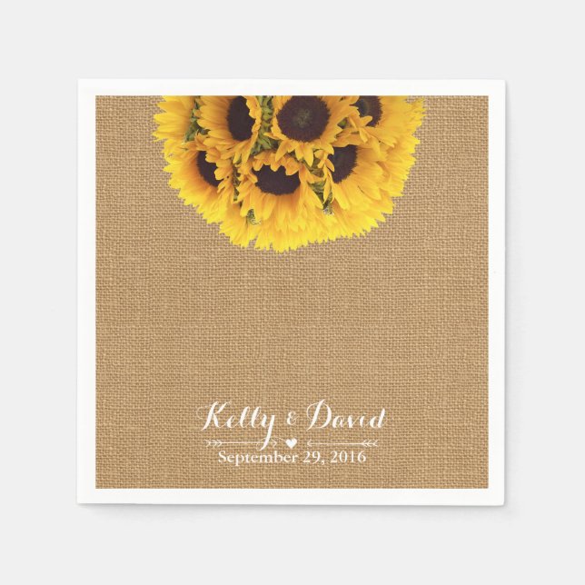 Country Sunflowers Burlap Wedding Paper Napkins (Front)