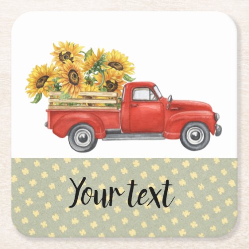 Country Sunflowers CustomizableVintage Red Truck Square Paper Coaster