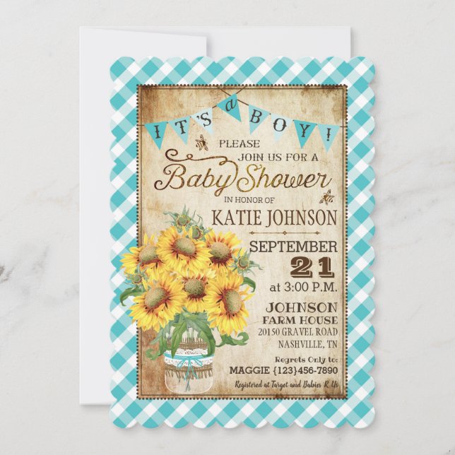 Country Sunflowers Gingham Check Boy Baby Shower Invitation (Front)