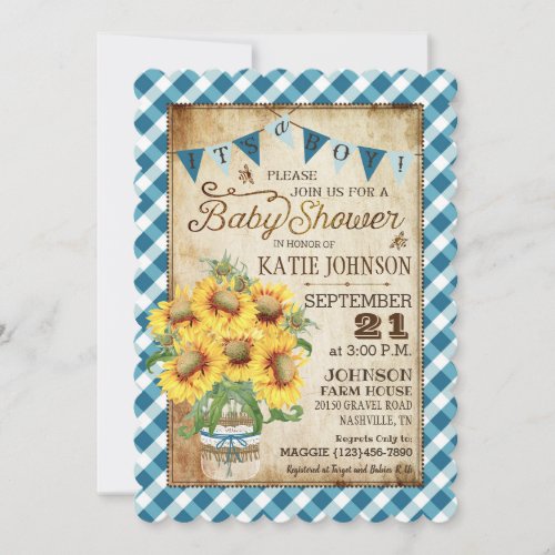 Country Sunflowers Gingham Check Boy Baby Shower Invitation