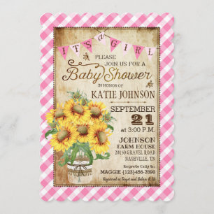Country Sunflowers Gingham Check Girl Baby Shower Invitation