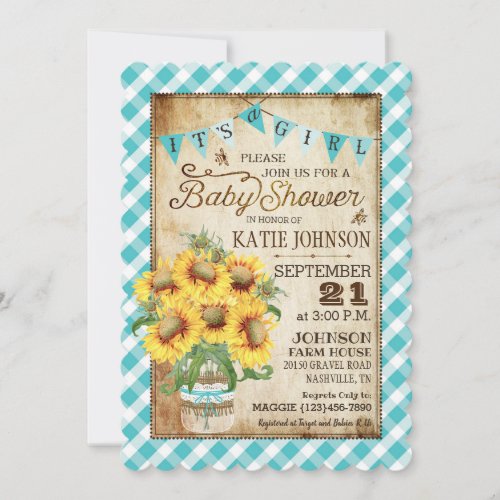 Country Sunflowers Gingham Check Girl Baby Shower Invitation