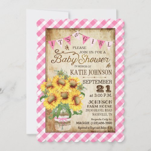 Country Sunflowers Gingham Check Girl Baby Shower Invitation