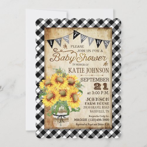 Country Sunflowers Gingham Check Twins Baby Shower Invitation
