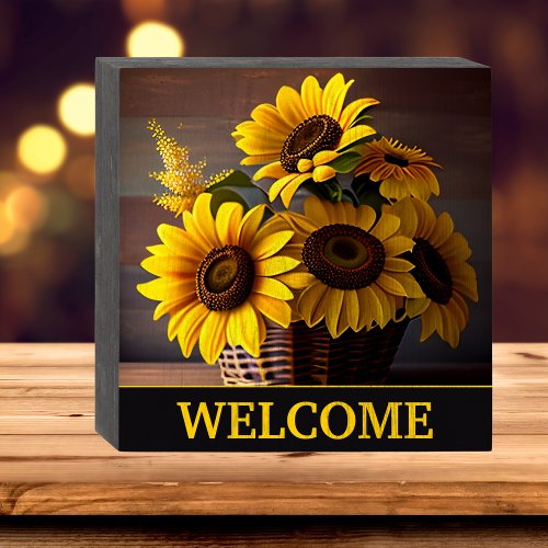 Country Sunflowers in Wicker Basket Welcome Wooden Box Sign