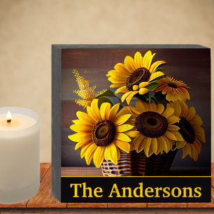 Country Sunflowers in Wicker Basket Wooden Box Sign