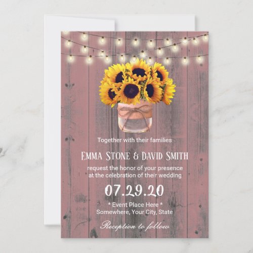 Country Sunflowers Jar Rustic Pink Barn Wedding Invitation