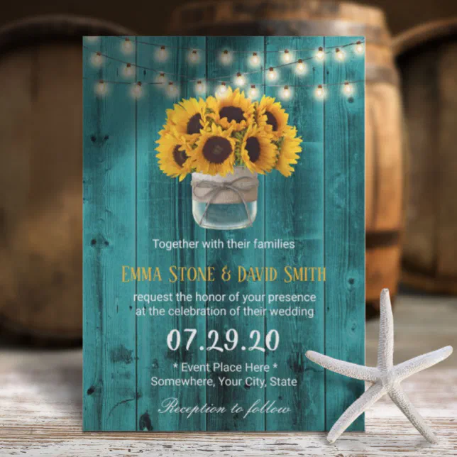 Country Sunflowers Jar Rustic Teal Barn Wedding Invitation Zazzle