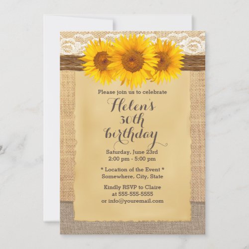 Country Sunflowers Laced Burlap Birthday Party Personalized Invitations