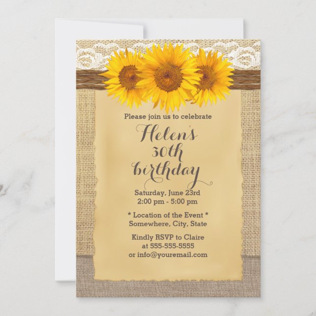 Country Sunflowers Laced Burlap Birthday Party Invitation (Front)