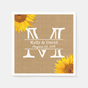 Country Sunflowers Monogram Burlap Rustic Wedding Paper Napkins