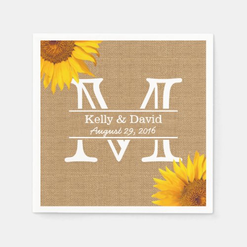 Country Sunflowers Monogram Burlap Rustic Wedding Paper Napkins