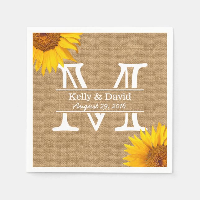 Country Sunflowers Monogram Burlap Rustic Wedding Paper Napkins (Front)