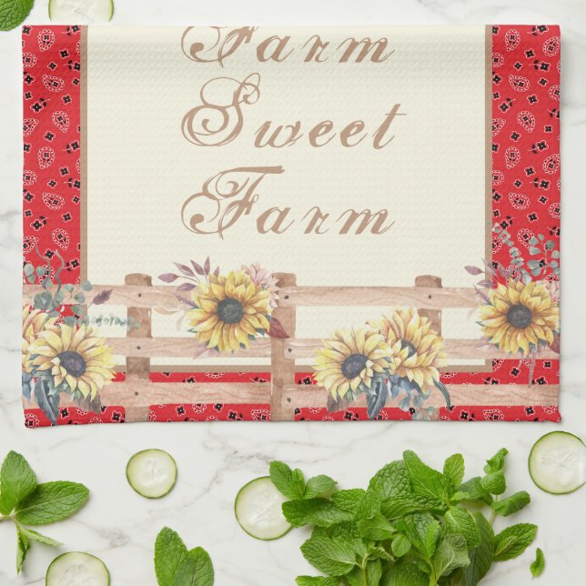 Country Sunflowers on Bandana Print Custom  Kitchen Towel (Folded)