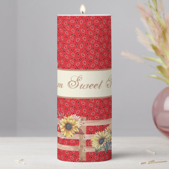 Country Sunflowers on Bandana Print Custom  Pillar Candle (In Situ)