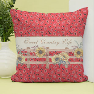 Country Sunflowers on Bandana Print Custom  Throw Pillow