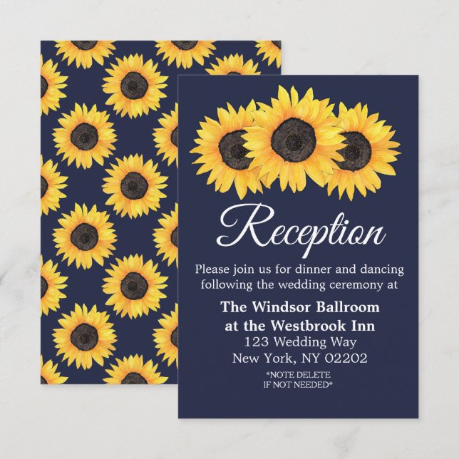 Country Sunflowers on Blue Wedding Reception Card (Front/Back)