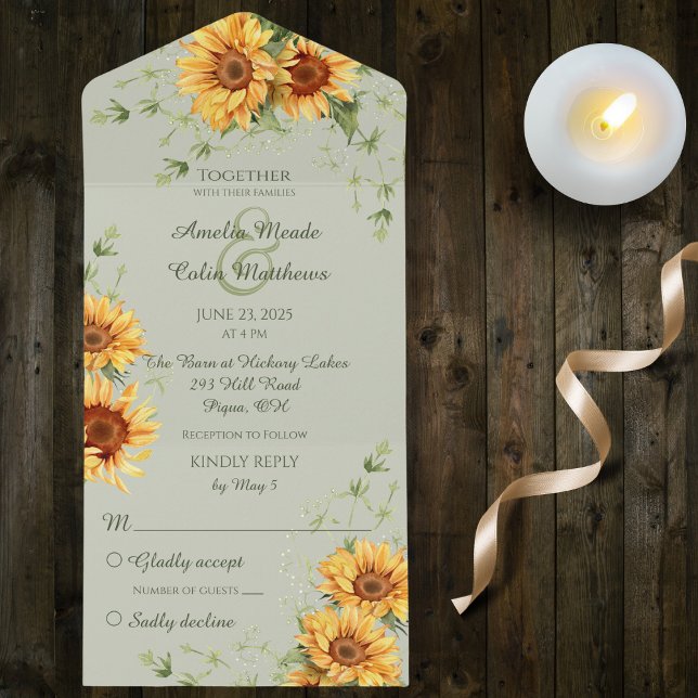 Country Sunflowers on Sage Green All In One Invitation (Also available with QR code)