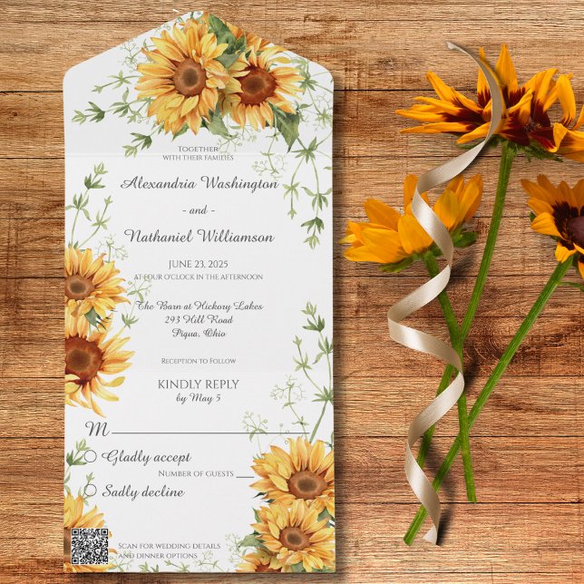 Country Sunflowers on White with QR Code  All In One Invitation (Creator Uploaded)