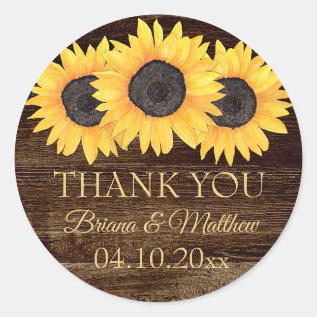 Country Sunflowers on Wood Wedding Favor Sticker (Front)