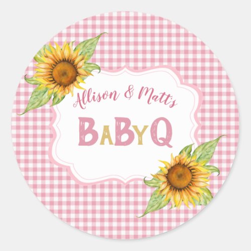 Country Sunflowers Pink Check BBQ Baby Q Classic Round Sticker