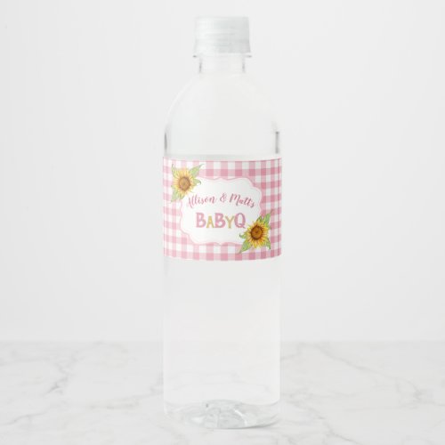 Country Sunflowers Pink Gingham Check Baby Q BBQ Water Bottle Label