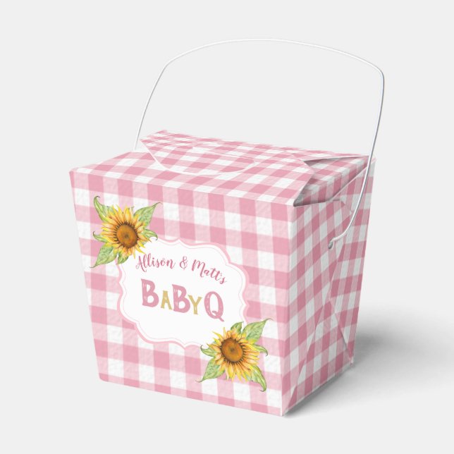 Country Sunflowers Pink Gingham Check BabyQ BBQ Favor Boxes (Front Side)