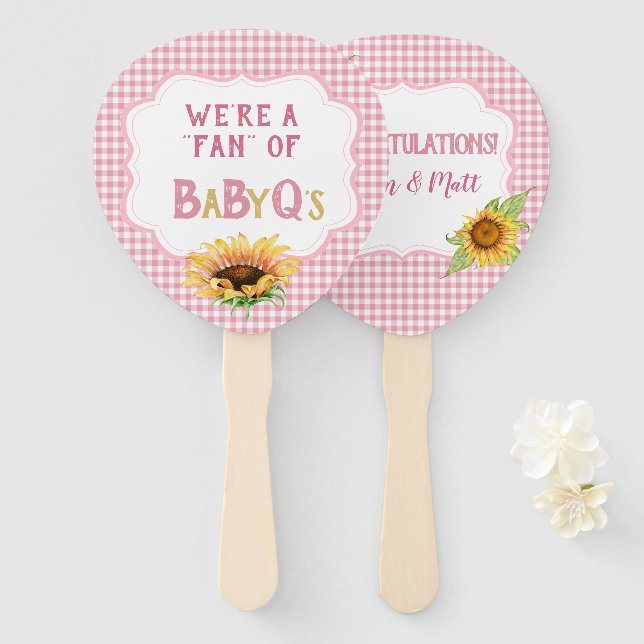 Country Sunflowers Pink Gingham Check BabyQ Hand Fan (Front and Back)