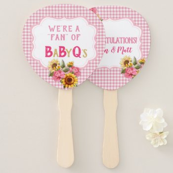 Country Sunflowers Roses Pink Gingham Check Babyq Hand Fan by nawnibelles at Zazzle