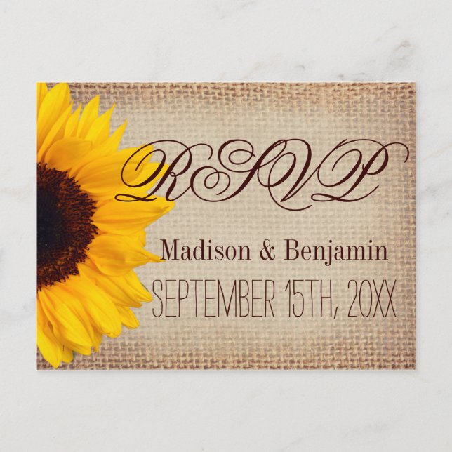 Country Sunflowers Rustic Burlap RSVP POSTCARDS (Front)