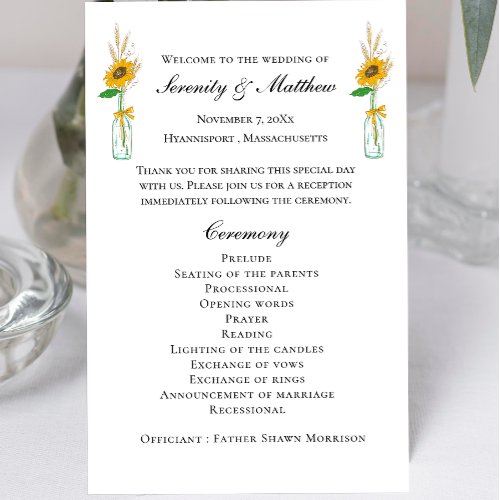Country Sunflowers Rustic Floral Wedding Program