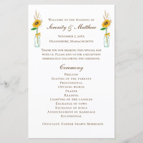 Country Sunflowers Rustic Floral Wedding Program
