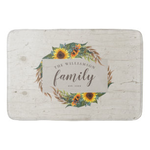Country Sunflowers Rustic Wood Family Name Bath Mat