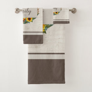 Country Sunflowers Rustic Wood Family Name Bath Towel Set