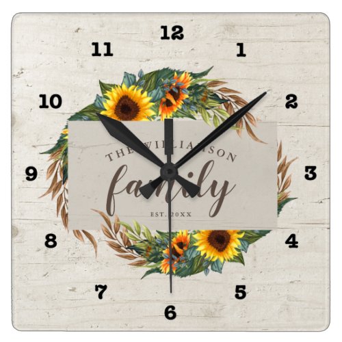 Country Sunflowers Rustic Wood Family Square Wall Clock
