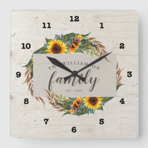 Country Sunflowers Rustic Wood Family Square Wall Clock