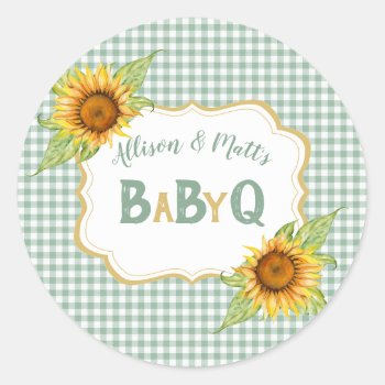 Country Sunflowers Sage Green Check Bbq Babyq Classic Round Sticker by nawnibelles at Zazzle
