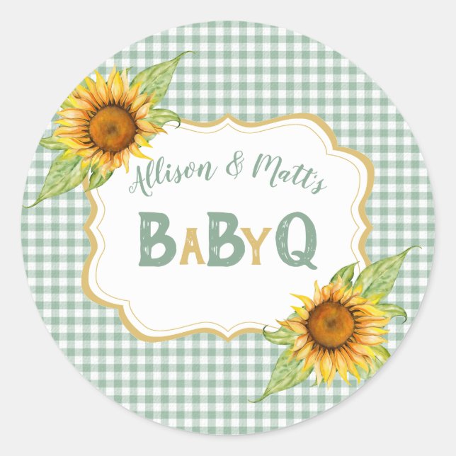 Country Sunflowers Sage Green Check BBQ BabyQ Classic Round Sticker (Front)