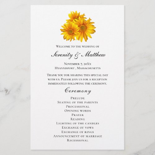 Country Sunflowers Yellow Floral Wedding Program