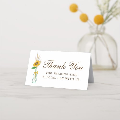Country Sunflowers Yellow Thank You Floral Wedding Place Card