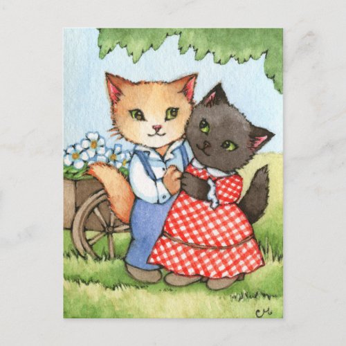 Country Sweethearts - Cute Cat Couple Art Postcard