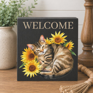 Country Tabby Cat Welcome Wooden Box Sign