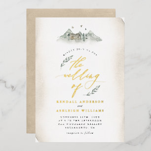 Country Tan Watercolor Leaves & Mountain Wedding Foil Invitation