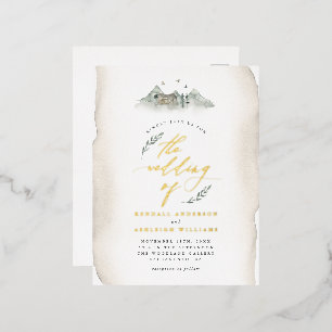Country Tan Watercolor Leaves & Mountain Wedding Foil Invitation Postcard