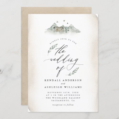 Country Tan Watercolor Leaves  Mountain Wedding Invitation