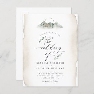 Country Tan Watercolor Leaves & Mountain Wedding Invitation Postcard