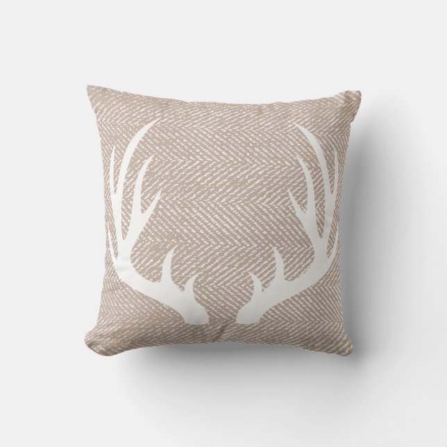 Country Taupe Herringbone White Deer Antlers Throw Pillow (Front)