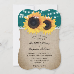 Country Teal Sunflower Burlap Lace Wedding Invitation
